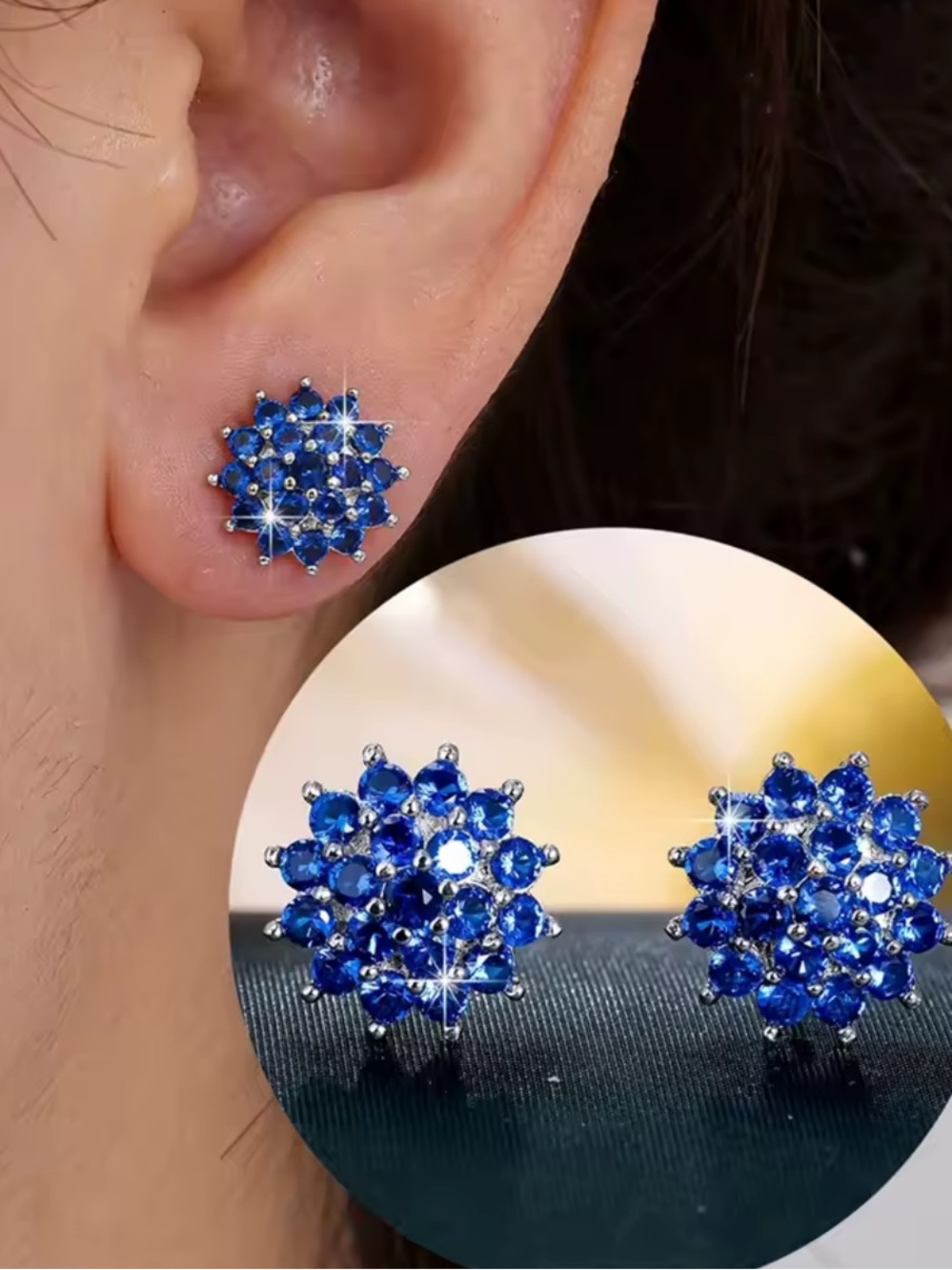 Sapphire Blue Cluster Stud Earrings - Women Jewelry